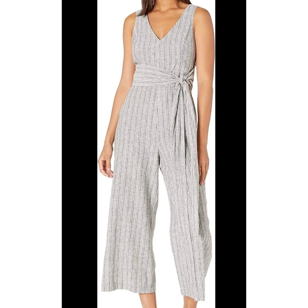 1.STATE Striped Linen Blend Wide Leg Jumpsuit V-Neck Tie Waist Black White 6